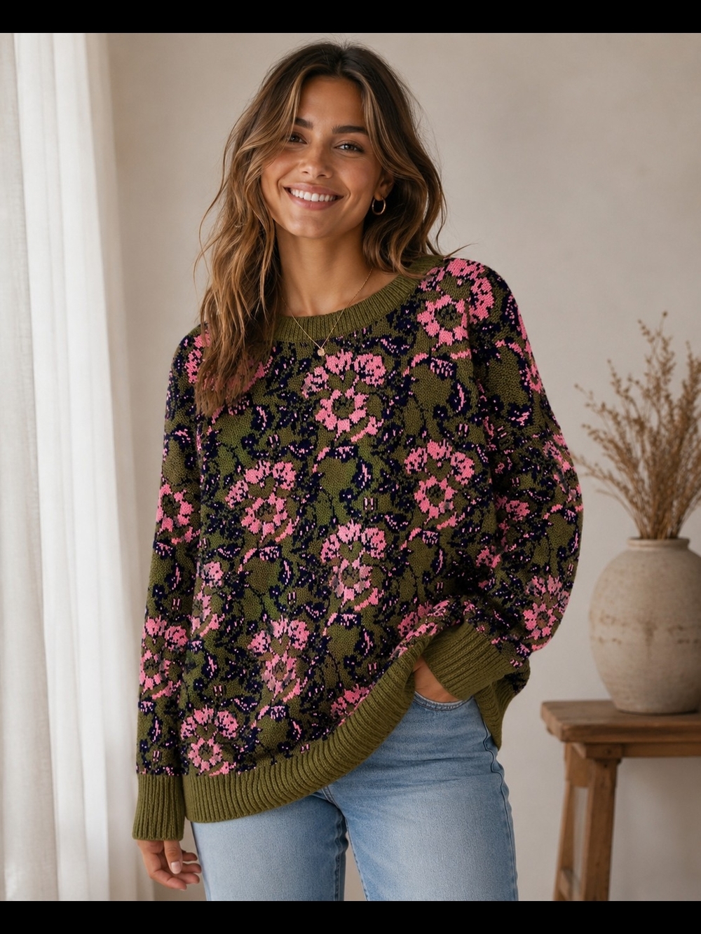 Zara Olive Crewneck Sweater with Pink Floral Jacquard Size Medium M